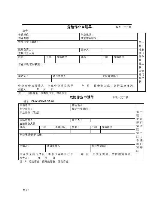 危险作业和临时线作业申请单