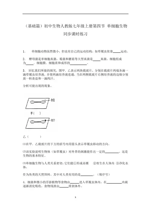 初中生物人教版七年级上册第四节 单细胞生物课时练习 基础知识(word版 含答案)