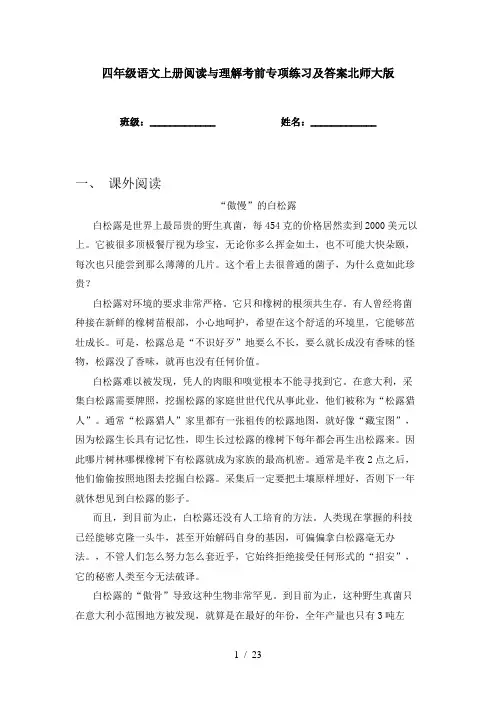 四年级语文上册阅读与理解考前专项练习及答案北师大版
