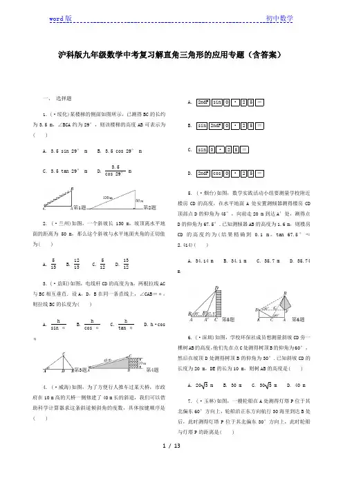 沪科版九年级数学中考复习解直角三角形的应用专题 