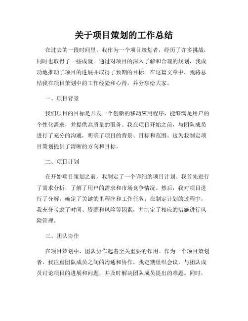 关于项目策划的工作总结