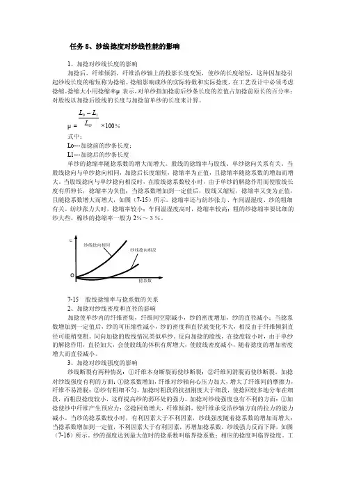 任务8、纱线捻度对纱线性能的影响1、加捻对纱线长度的影响加捻后