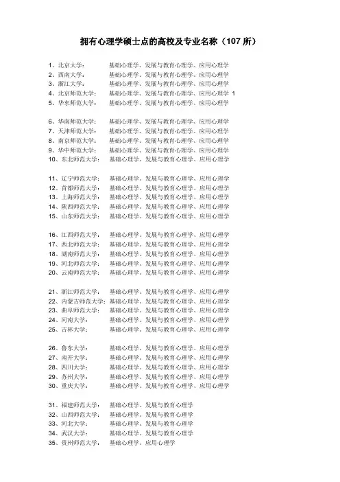 拥有心理学硕士点的高校及专业名称(107所)