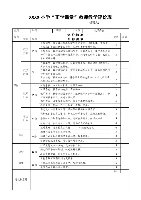 2024新版小学教学评价样表