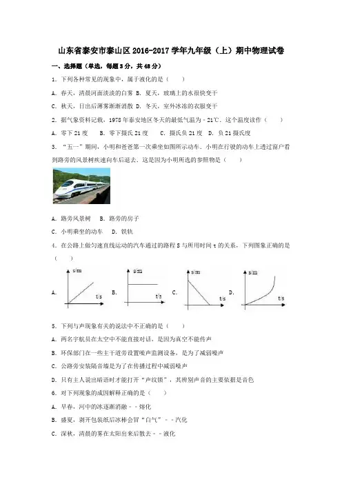 山东省泰安市泰山区2016-2017学年九年级第一学期期中物理试卷(含解析)