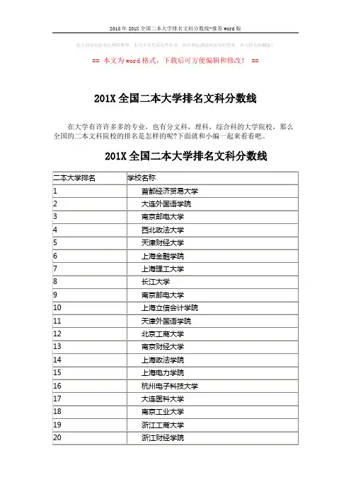 2018年201X全国二本大学排名文科分数线-推荐word版 (6页)