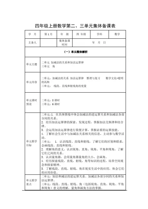 四年级上册数学第二、三单元集体备课表