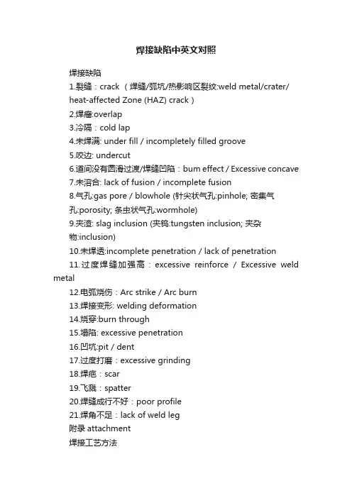 焊接缺陷中英文对照