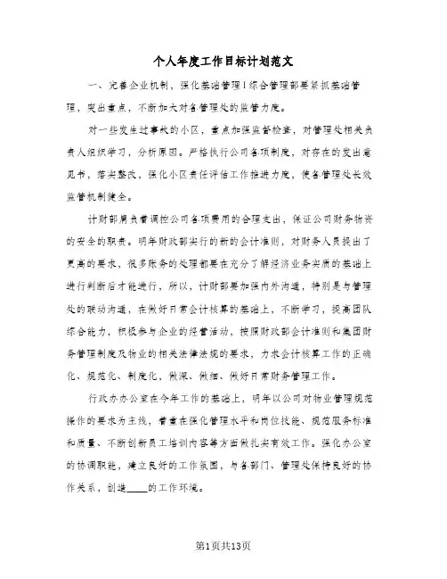 2024年个人年度工作目标计划范文（五篇）