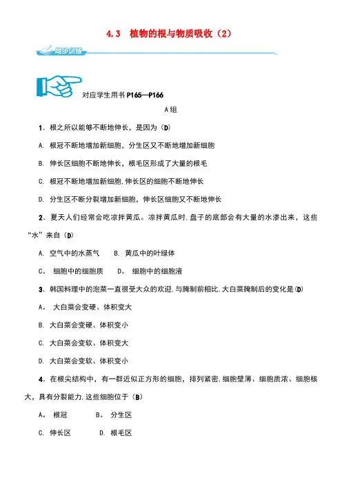 八年级科学下册4.3植物的根与物质吸收(2)同步练习浙教版(1)