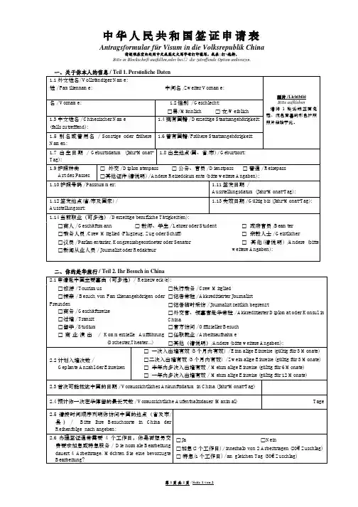 中华人民共和国签证申请表