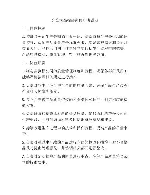 分公司品控部岗位职责说明
