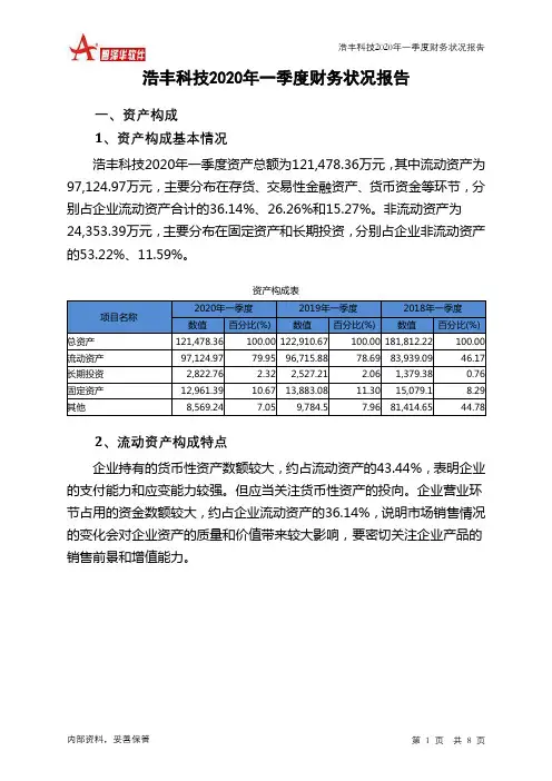 浩丰科技2020年一季度财务状况报告