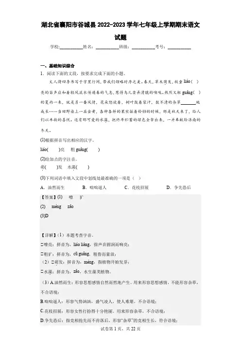 湖北省襄阳市谷城县2022-2023学年七年级上学期期末语文试题(含解析)