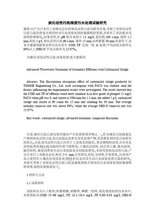 炭化活性污泥深度污水处理试验研究