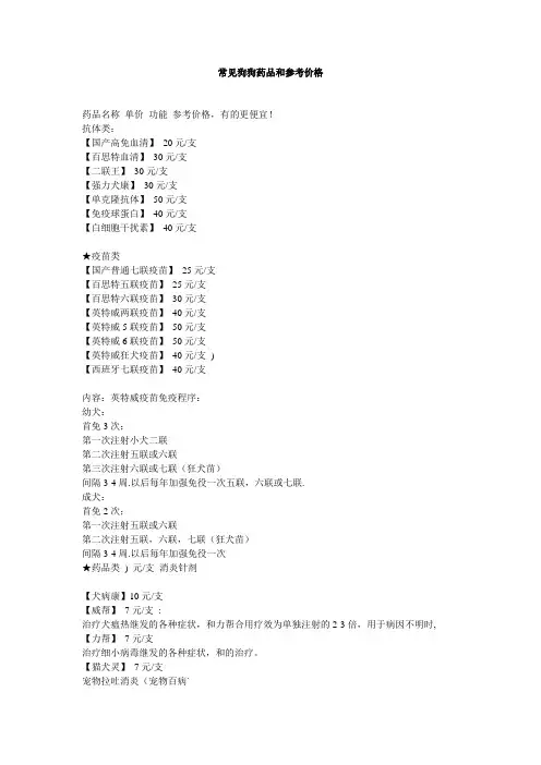 常见狗狗药品和参考价格