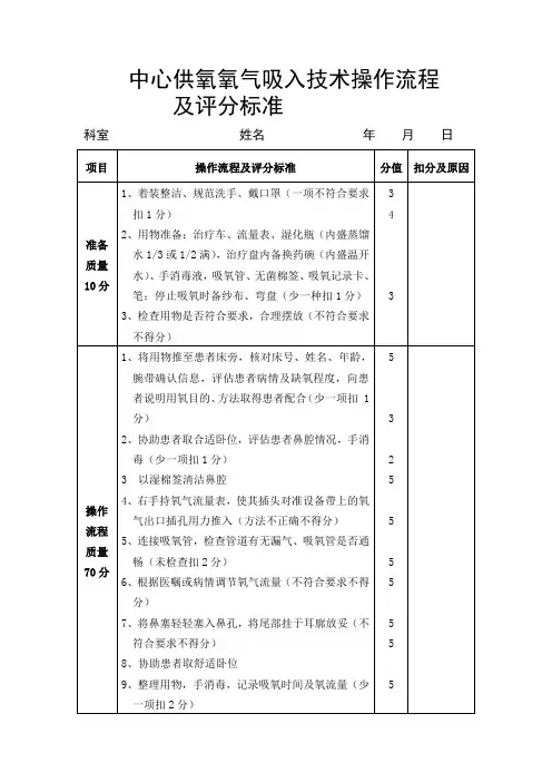 中心供氧氧气吸入技术操作流程