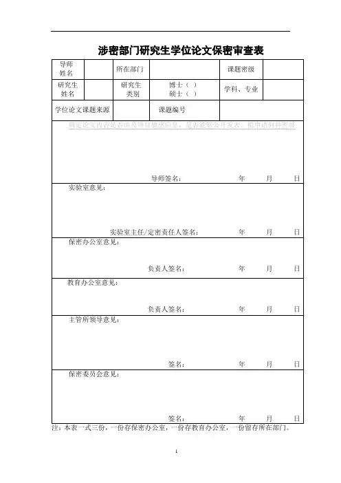 涉密部门研究生学位论文保密审查表