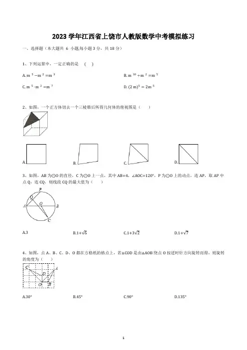 2023学年江西省上饶市人教版数学中考模拟练习