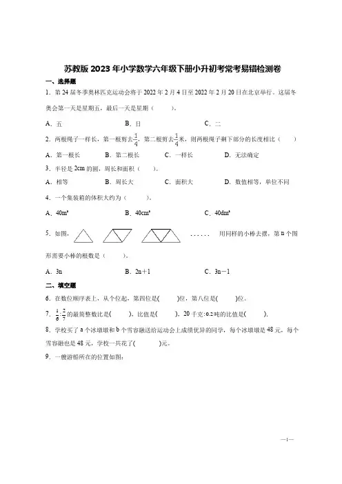 苏教版2023年小学数学六年级下册小升初考常考易错检测卷【含答案】