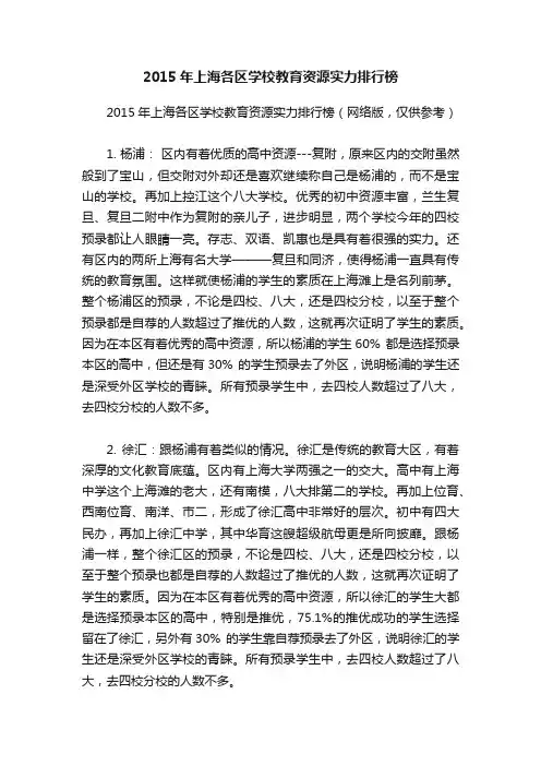 2015年上海各区学校教育资源实力排行榜