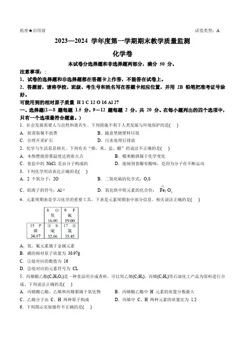 广东省深圳市南山区中学校2023-2024学年九年级上学期期末测试化学试卷(含答案)
