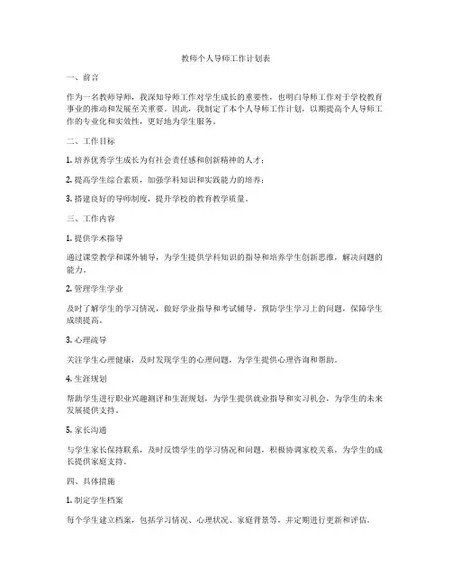 教师个人导师工作计划表
