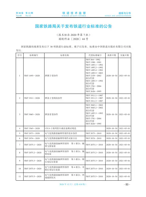 国家铁路局关于发布铁道行业标准的公告 (技术标准2020年第7批)(国铁科法〔2020〕44号)