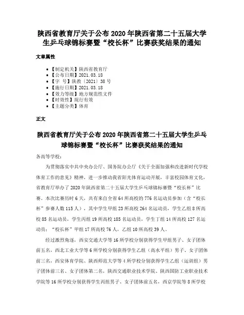 陕西省教育厅关于公布2020年陕西省第二十五届大学生乒乓球锦标赛暨“校长杯”比赛获奖结果的通知