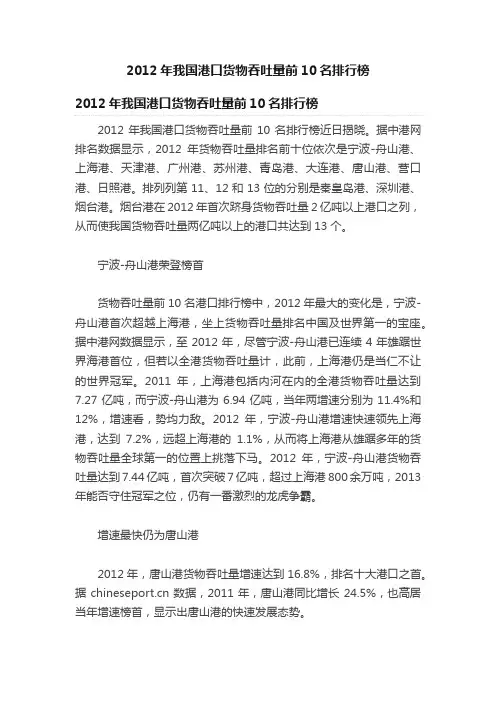2012年我国港口货物吞吐量前10名排行榜