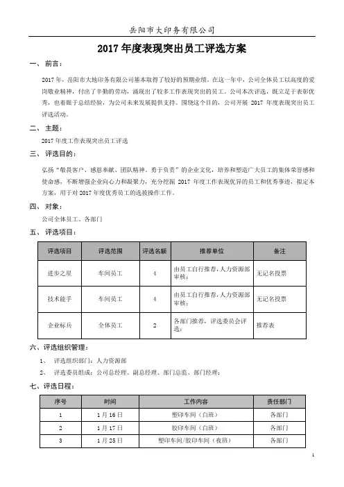 2017年度表现突出员工评选方案
