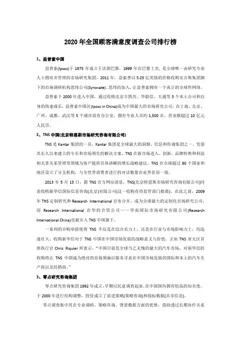 2020年全国顾客满意度测评公司排行榜