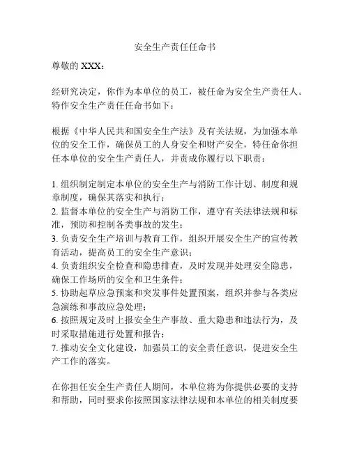 安全生产责任任命书