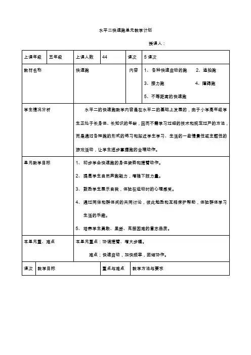 小学体育五年级水平二快速跑单元教学设计