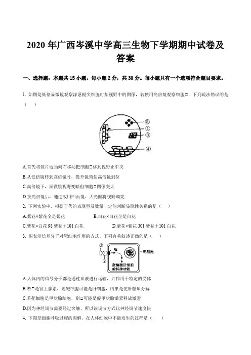 2020年广西岑溪中学高三生物下学期期中试卷及答案