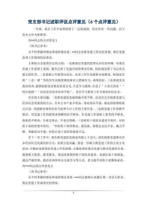 党支部书记述职评议点评意见(6个点评意见)