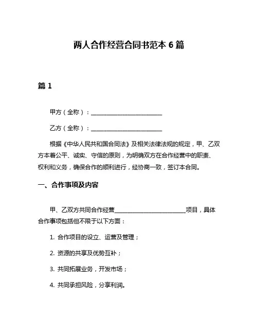 两人合作经营合同书范本6篇