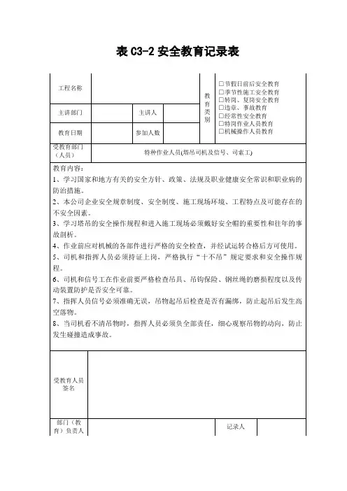 塔吊特种作业人员安全教育记录表