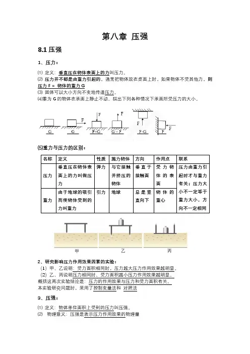 精华 直接打印沪科版物理八年级下册第八章 压强知识点打印版