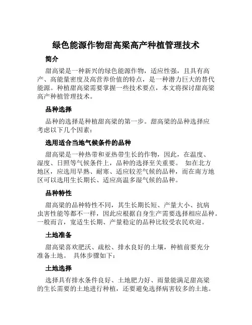 绿色能源作物甜高梁高产种植管理技术