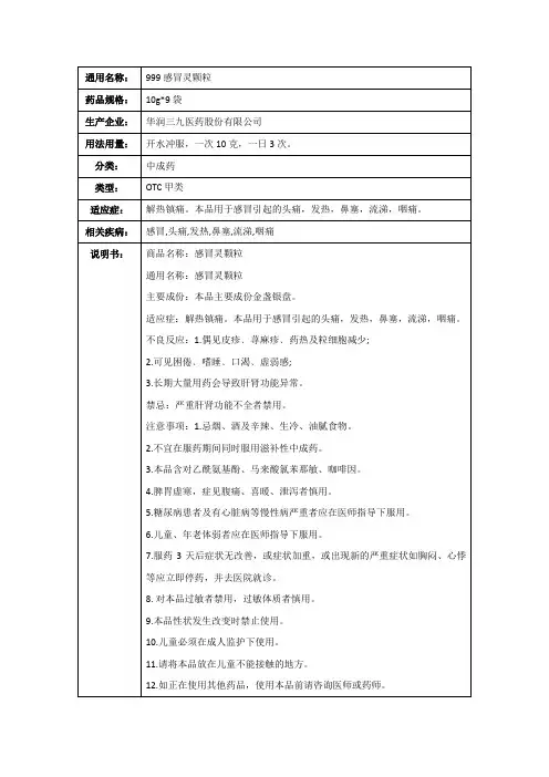 999感冒灵颗粒(华润三九医药股份有限公司)-药品说明书