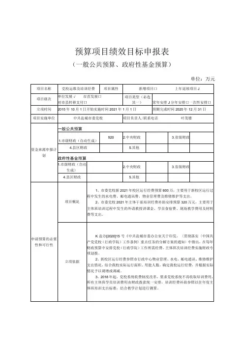 预算项目绩效目标申报表