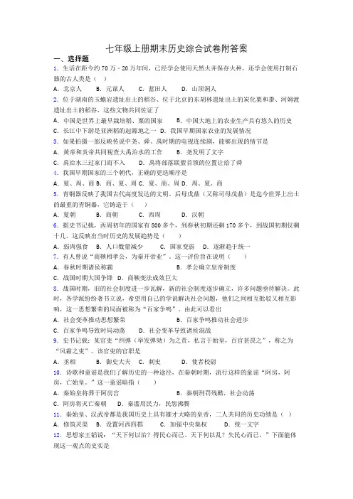 七年级上册期末历史综合试卷附答案