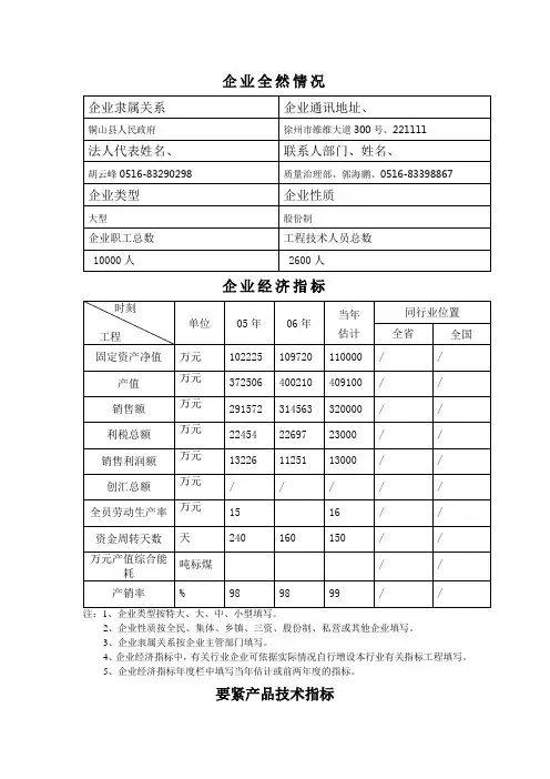 质量奖申报材料范本
