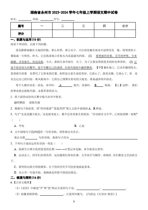 湖南省永州市2023-2024学年七年级上学期语文期中考试试卷(含答案)