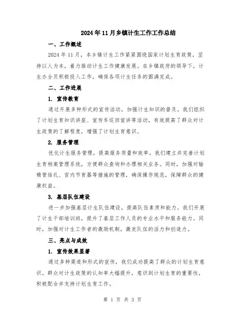 2024年11月乡镇计生工作工作总结