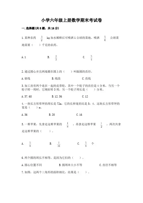 小学六年级上册数学期末考试卷含答案(完整版)