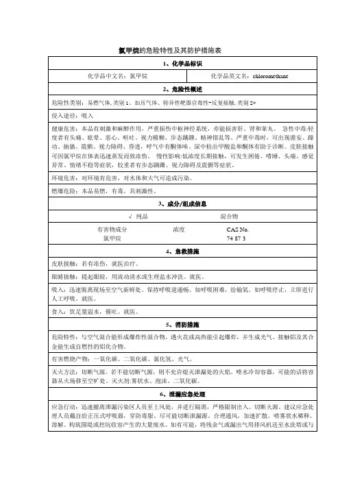 氯甲烷的危险特性及其防护措施表(格式规范)