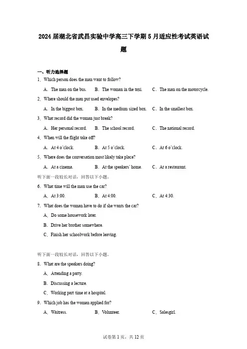2024届湖北省武昌实验中学高三下学期5月适应性考试英语试题