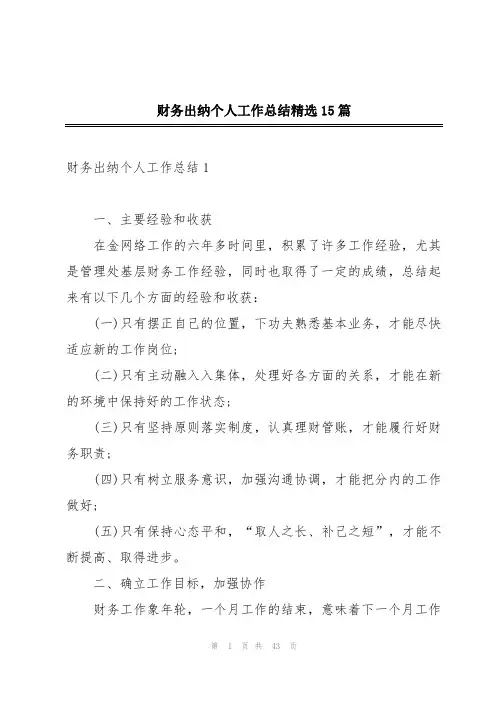 财务出纳个人工作总结精选15篇